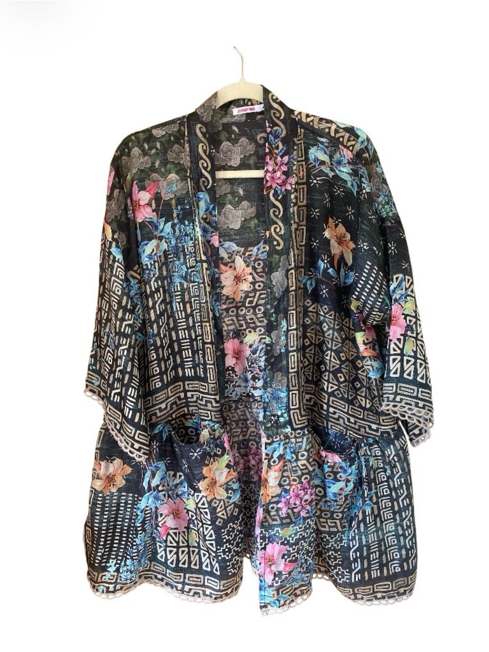 NWOT Johnny Was Black Floral Patchwork Silk Kimono size L - Picture 7 of 16